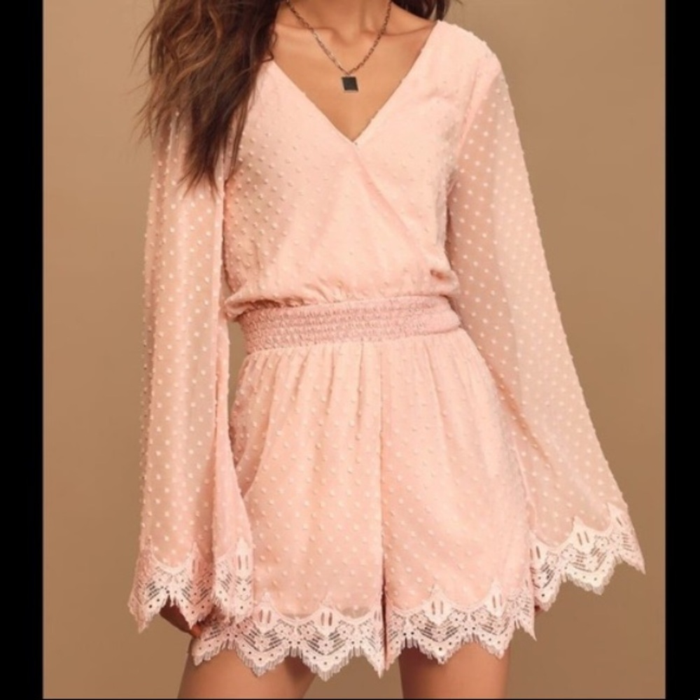 Lulus Meadowlake Blush Swiss Dot Lace Romper